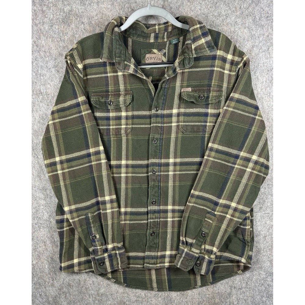 Orvis Flannel Shirt Mens XL Green Plaid Button‎ Up Heavyweight Outdoor Cotton